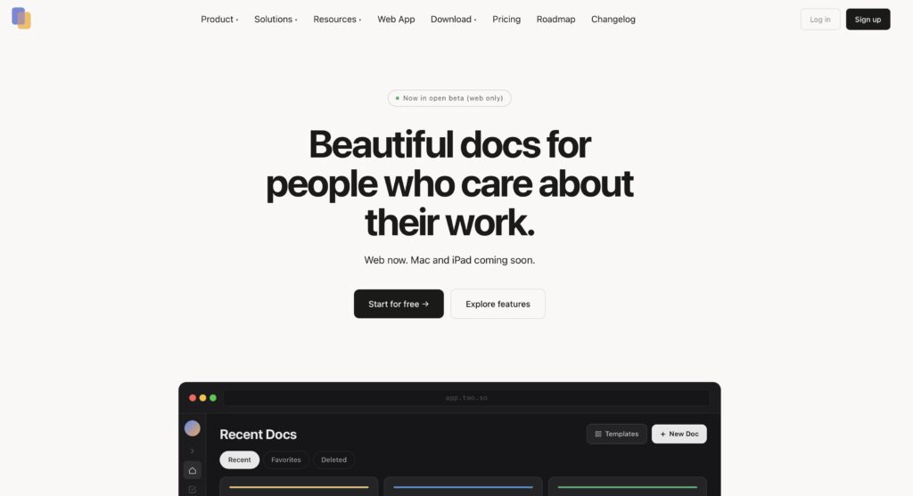 TWO docs writing app launch