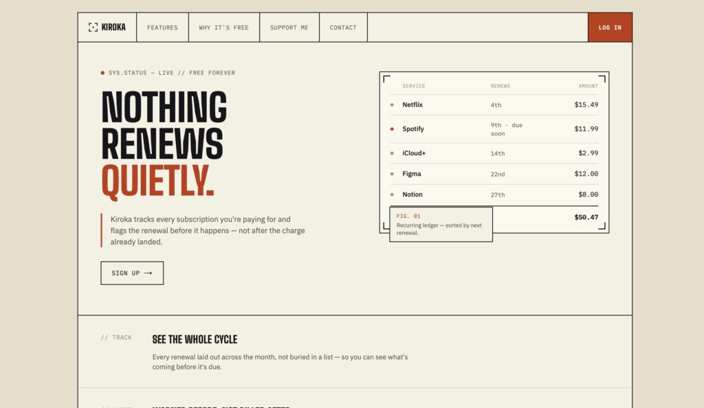 kiroka subscription tracker homepage
